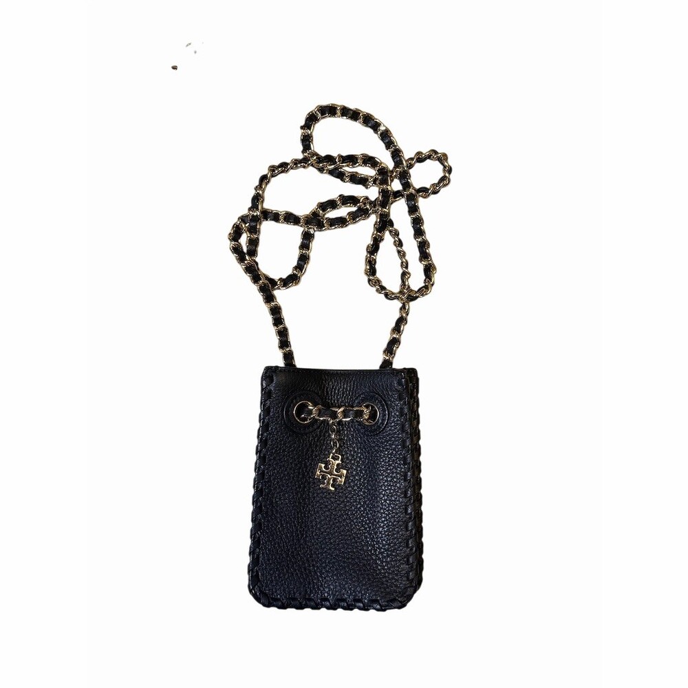 Tory Burch Phone Crossbody Bag Black Pebbled Leather With Gold Chain Strap